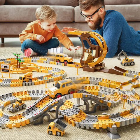 Child playing with Awesome Construction Race Track Playset With 299 Pieces Of Flexible Track System Includes Race Cars Mini Trucks