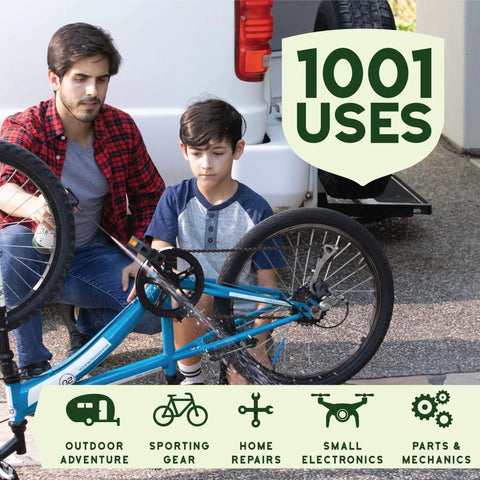 Man and boy repairing blue bicycle next to van, 1001 uses banner for sporting gear, home repairs, small electronics, and mechanics.