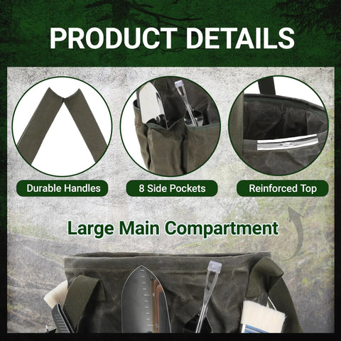 Tough As Nails Heavy Duty Self Standing Tool Bag With Eight Pockets And Slick Organization For Garden Work Camping Trips Car Trunk Hauls Water Resistant Waxed Canvas showing durable handles and side pockets.