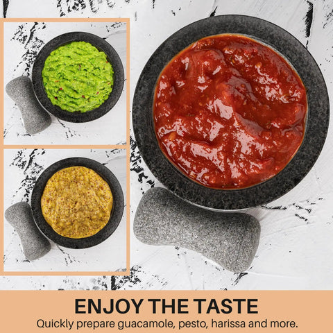 Top view of 6 Inch Granite Mortar And Pestle Set With Anti Scratch Wood Base, showcasing vibrant guacamole, harissa, and pesto.