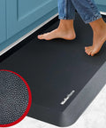 Person standing on Thick Three Quarter Inch Anti Fatigue Mat For Kitchen And Office Waterproof Floor Mat With Non Slip Grip 32.5 Inch By 20 Inch Heavy Duty PVC Ergonomic Foam Brown Leather Look For Standing Desk And Home Use showing texture.