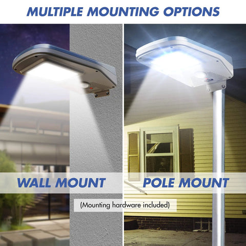 2000 Lumen Solar Street Light With Motion Sensor, Remote Control, Dusk To Dawn Flood Light, wall and pole mounted view