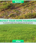 Before and after lawn improvement comparison highlighting soil erosion and healthy grass for foundation protection