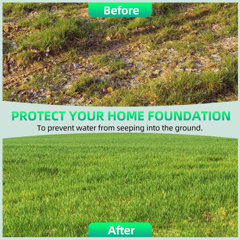 Before and after lawn improvement comparison highlighting soil erosion and healthy grass for foundation protection