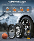 L7 Portable Tire Inflator Cordless Air Compressor 150 PSI with car, bike, motorcycle tires and basketball, mountains behind