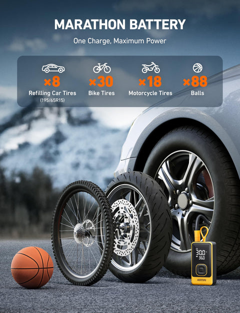 L7 Portable Tire Inflator Cordless Air Compressor 150 PSI with car, bike, motorcycle tires and basketball, mountains behind
