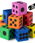 Bulk Pack Of 36 1.5 Inch Foam Dice In Assorted Colors For Kids And Classrooms stacked in a pyramid