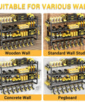 4 Layer Extra Tall Power Tool Organizer Wall Mount 400lbs Capacity Heavy Duty Metal Rack With 8 Cordless Drill Holders on various walls