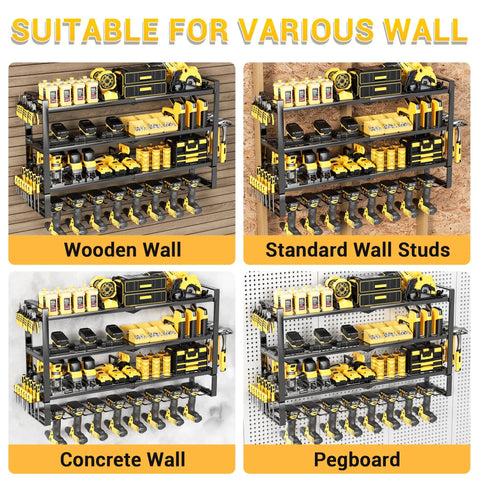4 Layer Extra Tall Power Tool Organizer Wall Mount 400lbs Capacity Heavy Duty Metal Rack With 8 Cordless Drill Holders on various walls
