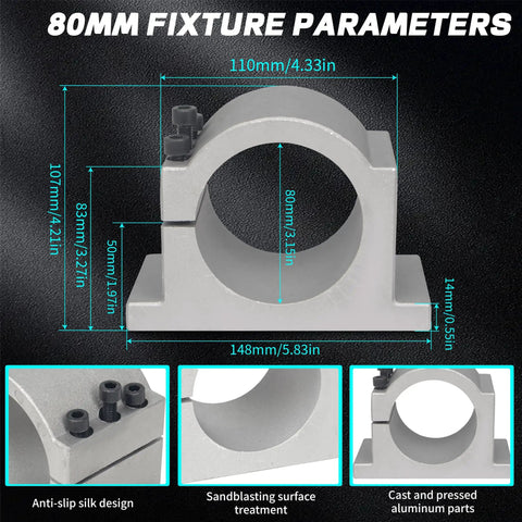 80mm spindle mount clamp dimensions with anti-slip design for 2.2KW 220V Air Cooled Spindle Motor With ER20 Collet, CNC Router Machine