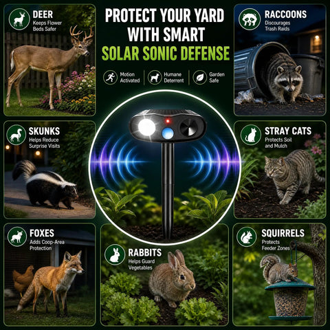 Solar Ultrasonic Animal Repeller With Motion Sensor Light Outdoor Deterrent To Keep Deer Raccoons Squirrels Rabbits Skunks Out Of Your Garden Easy Install Weatherproof Durable Yard Guardian black stake with motion light