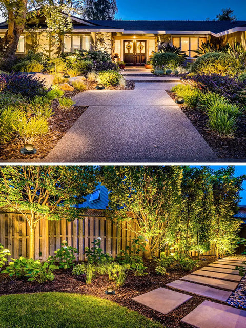 Outdoor pathway illuminated by 12 Pack 10W Low Voltage Landscape Well Lights Outdoor In Ground LED Pathway Garden Yard Lighting 3000K Warm White Waterproof