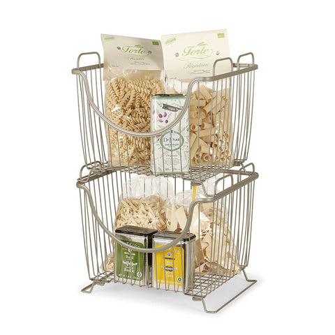 Small Stackable Wire Baskets For Pantry And Counter Organizer With Raised Feet And Handles Stacking Fruit Bin For Vegetables Potatoes Onions Storage In Satin Nickel Finish