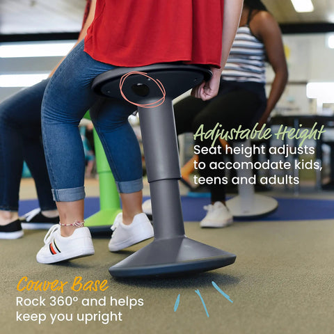 SitWell Wobble Stool with Adjustable Height for Active Seating in Classrooms and Libraries used by a person in a library.