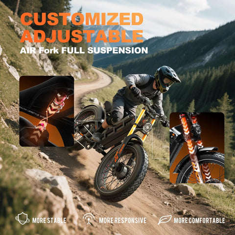 Tough Fat Tire Electric Bike Boasting 5600W Dual Motors And A Beefy 80Ah Battery For Zero Stress Long Range Cruising Up To Two Hundred Miles At Fifty Mph On Concrete Or Dirt featuring adjustable air fork and full suspension.