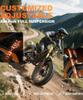 Insane Dual Motor Electric Bike For Adults Unleashes 5600W Peak Thrust And 50Mph Cruise With 60V 80Ah Battery on rugged path, showcasing full suspension.