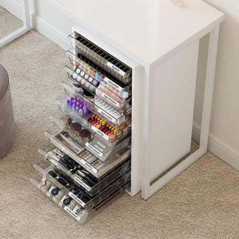 Rolling Storage Cart With 10 Large Clear Drawers, Mobile Makeup And Craft Organizer On Wheels, White Cabinet