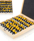 Open box showing 43 Piece Router Bit Set With Half Inch Shank For Panel And Cabinet Doors Woodworking Carbide Groove And Tongue Milling