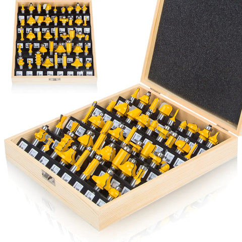 Open box showing 43 Piece Router Bit Set With Half Inch Shank For Panel And Cabinet Doors Woodworking Carbide Groove And Tongue Milling