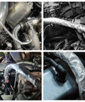 Heavy-Duty Self-Wrap Aluminum Heat Shield Sleeve With Side Entry For Hoses Wiring Harnesses And Cables In Automotive Exhaust, 39 Inch Length, Temperature Range -40C To 150C, Oil Resistant, 25 Percent Overlap, High Temp Sleeve wrapped around engine components.