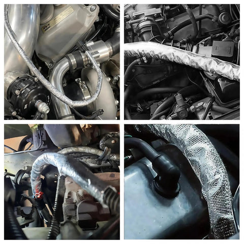 Heavy-Duty Self-Wrap Aluminum Heat Shield Sleeve With Side Entry For Hoses Wiring Harnesses And Cables In Automotive Exhaust, 39 Inch Length, Temperature Range -40C To 150C, Oil Resistant, 25 Percent Overlap, High Temp Sleeve wrapped around engine components.