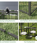 Heavy Duty Outdoor Dog Kennel With Roof For Yard 8x8 Ft Chain Link Fence Dog Run Enclosure Includes Feeding Bowl And Self Locking Latch For Safe, Spacious Outdoor Play And Exercise Built To Last showing details like latch, base with stakes, connection, and feeding bowls.