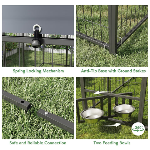 Heavy Duty Outdoor Dog Kennel With Roof For Yard 8x8 Ft Chain Link Fence Dog Run Enclosure Includes Feeding Bowl And Self Locking Latch For Safe, Spacious Outdoor Play And Exercise Built To Last showing details like latch, base with stakes, connection, and feeding bowls.