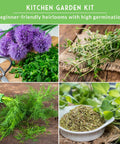 Kitchen garden kit displaying Ten Culinary Herb Seeds Pack For Indoor Kitchen Garden Featuring Basil Cilantro Lavender Dill Parsley Oregano Thyme Sage Chives Marjoram Ideal Starter Kit For Fresh Bangin Homegrown Flavors with herbs and seeds.