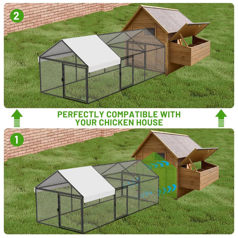 Diagram showing compatibility of Roomy Metal Chicken Coop With Weatherproof Cover For Outdoor Backyards Walk In Hen House.