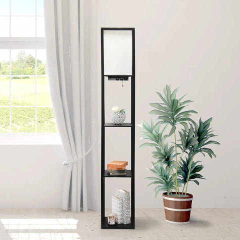 Black Floor Lamp Etagere Organizer With Linen Shade 3 Shelf Storage Stand Built In USB Ports And Charging Outlet Cozy