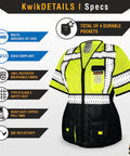 Women Class 3 High Visibility Safety Vest Featuring Cinched Elastic Waist Four Roomy Utility Pockets Snug Contour Tailored Hustle Ready Workday Essential in bright yellow mesh with black accents.