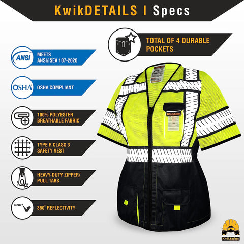 Women Class 3 High Visibility Safety Vest Featuring Cinched Elastic Waist Four Roomy Utility Pockets Snug Contour Tailored Hustle Ready Workday Essential in bright yellow mesh with black accents.