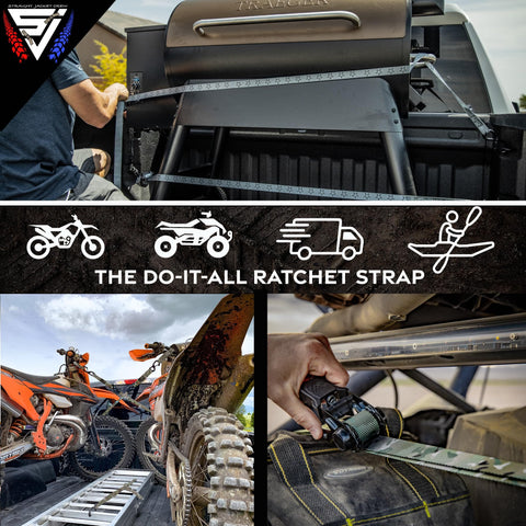 Heavy Duty Ratchet Tie Down Straps 4 Pack, 1 Inch By 15 Feet, 1,823 Pounds Break Strength, With Hooks And Handles, Black shown securing cargo and bikes
