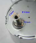 Close-up of 12V AC Synchronous Motor TYD-50 with 11mm flush shaft showing precise measurements, low power, quiet operation.