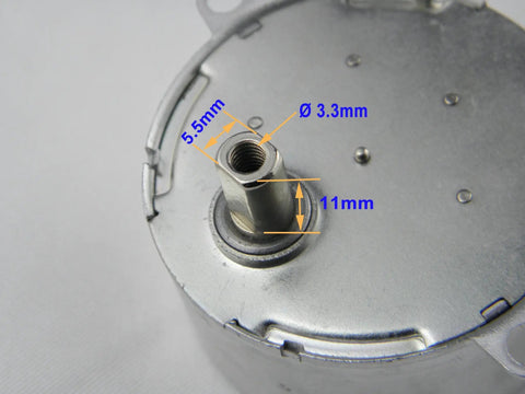 Close-up of 12V AC Synchronous Motor TYD-50 with 11mm flush shaft showing precise measurements, low power, quiet operation.