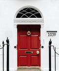 Red door with Solar Powered Outdoor Address Sign With Waterproof LED Illumination 6000K Daylight White House Numbers Plaque.