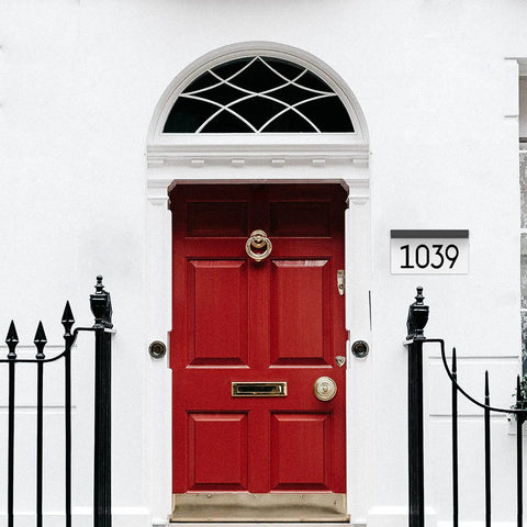 Red door with Solar Powered Outdoor Address Sign With Waterproof LED Illumination 6000K Daylight White House Numbers Plaque.