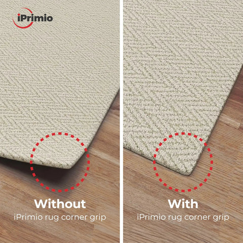 Comparison of rug corner with and without V Shape Rug Corner Grippers 4 Pack for indoor and outdoor rugs on hardwood floor.