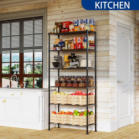 Heavy Duty Wire Storage Rack With Adjustable Shelves Built Like A Tank For Laundry Room Kitchen Pantry Closet Organization Solid Metal Shelf Unit Organize Home Setup Zero Drama In Sleek Black filled with food items and kitchen appliances in a bright kitchen.