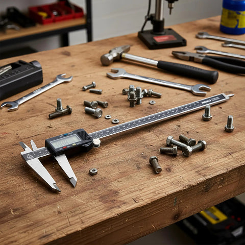 12 Inch Electronic Digital Caliper With Extra Large Display, Quick Mode Change Between Inches Fractions And Millimeters, Precision At 0.001 Inch And 0.02 Millimeters, Polished Stainless Steel Measuring Tool on workbench with bolts and tools