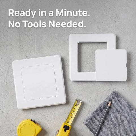 2 Pack Self Adhesive Access Panel For Drywall And Ceilings 4 X 4 Inch Inside Size with tools and cloth on a gray surface.