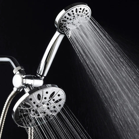 Premium 6 Inch High Pressure Three Way Rainfall Shower Combo With Dope Rain Head And Six Setting Handheld shower on black background