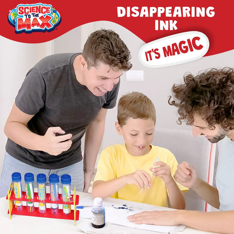 Two kids and an adult using Lab In A Bag Chemistry Kit For Kids 15 Hands On Experiments Reusable Test Tubes At Home Science Lab Toy.