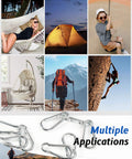 Collage showing uses for 30 Pcs 1.57 Inch Mini Carabiner Clips M4 Stainless Steel Heavy Duty Locking Snap Hooks in various outdoor activities