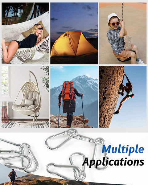 Collage showing uses for 30 Pcs 1.57 Inch Mini Carabiner Clips M4 Stainless Steel Heavy Duty Locking Snap Hooks in various outdoor activities