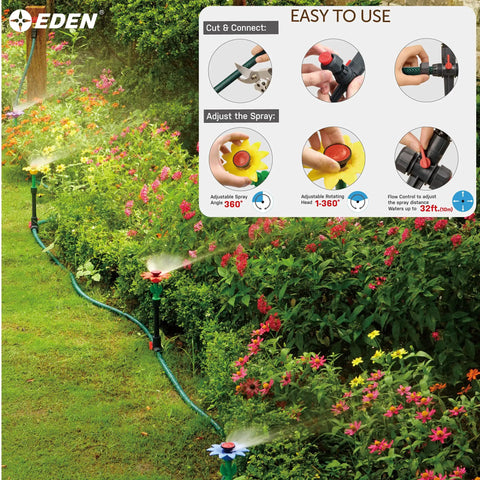 50 Ft Daisy Garden Hose And Sprinkler System For Easy DIY Plant Watering in garden with colorful daisy sprinklers and instructions.