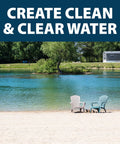 Easy To Use Beneficial Bacteria Pond Clarifier Packets For Clear Water, 12 Count, Fast, Lasting Results With A No Fuss Dose For Your Pond And A Cleaner, Healthier Ecosystem. Pond scene with clear water and chairs