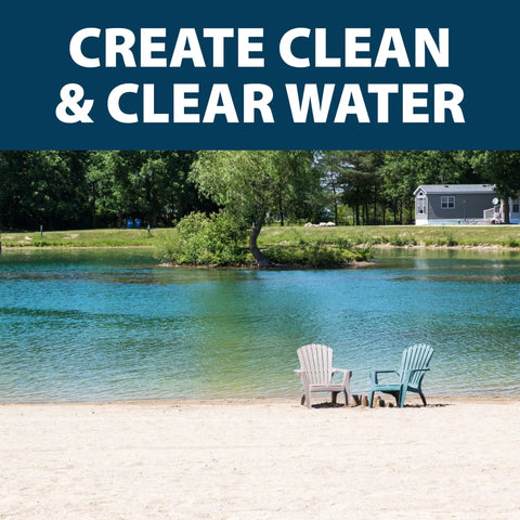 Easy To Use Beneficial Bacteria Pond Clarifier Packets For Clear Water, 12 Count, Fast, Lasting Results With A No Fuss Dose For Your Pond And A Cleaner, Healthier Ecosystem. Pond scene with clear water and chairs