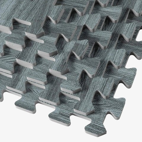 Interlocking Foam Floor Tiles 3/8 Inch Thick With Slick Wood Grain Look Anti Fatigue Mats Slate Color 24x24 Inches 24 Sq Ft Coverage