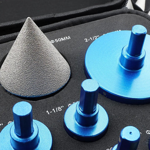 Close-up of Beast Diamond Core Drill Bit Hole Saw Kit For Porcelain Tile Ceramic Marble Granite Dry Drilling Triangle Shank 11 Pieces Sizes 6mm To 65mm featuring blue drill bits and silver textured cone piece.